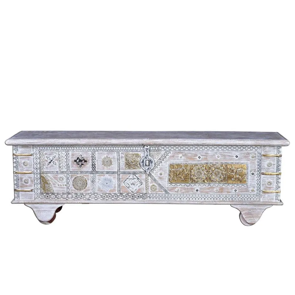 146 cm breite Truhe in Antikweiß mit Bronze - Abraham^Wohnen Discount