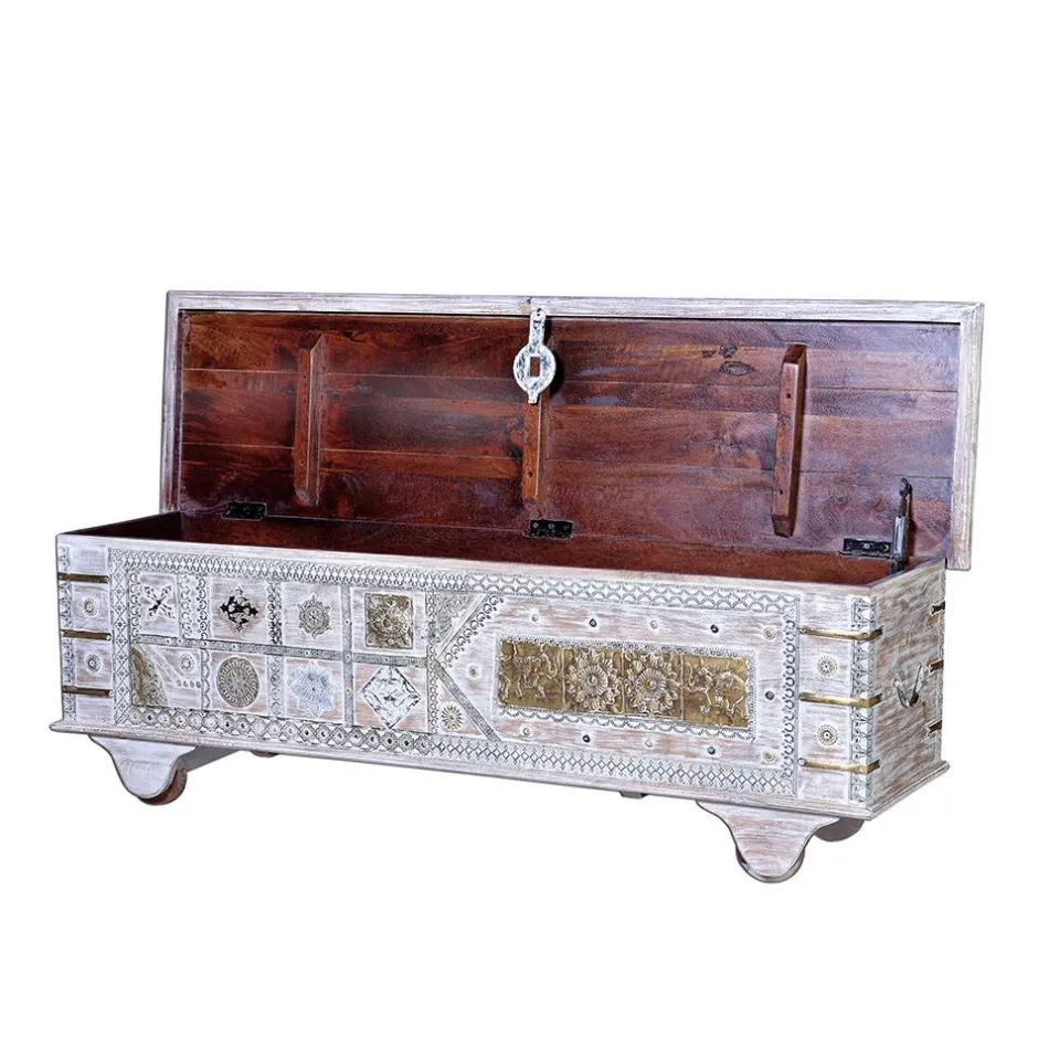 146 cm breite Truhe in Antikweiß mit Bronze - Abraham^Wohnen Discount