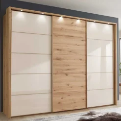 Wohnen 300 cm breiter Schwebetürenschrank mit Glas Beige - Nikoba