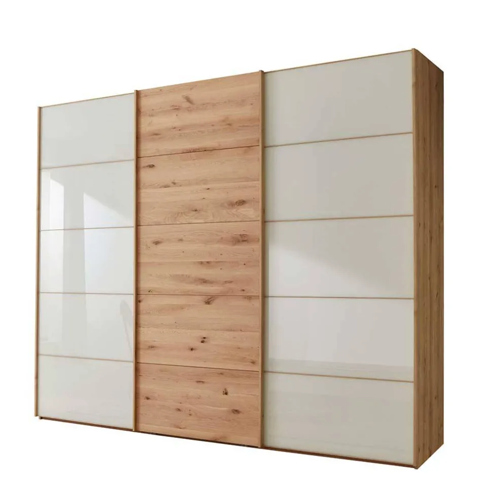 Wohnen 300 cm breiter Schwebetürenschrank mit Glas Beige - Nikoba