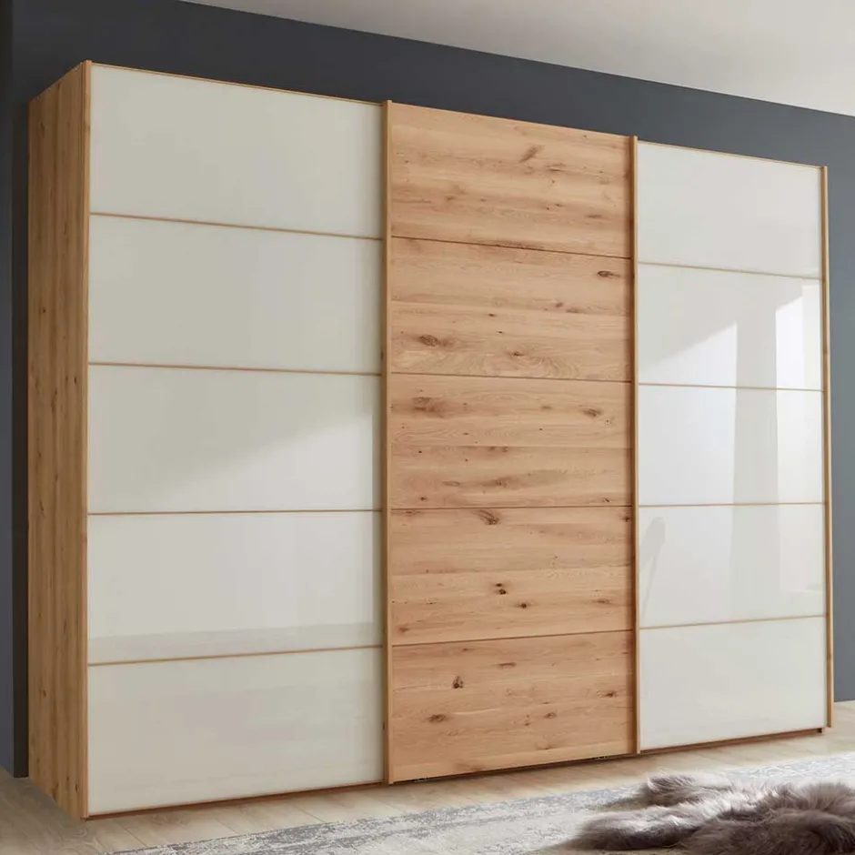 Wohnen 300 cm breiter Schwebetürenschrank mit Glas Beige - Nikoba