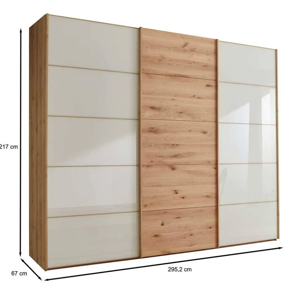 Wohnen 300 cm breiter Schwebetürenschrank mit Glas Beige - Nikoba
