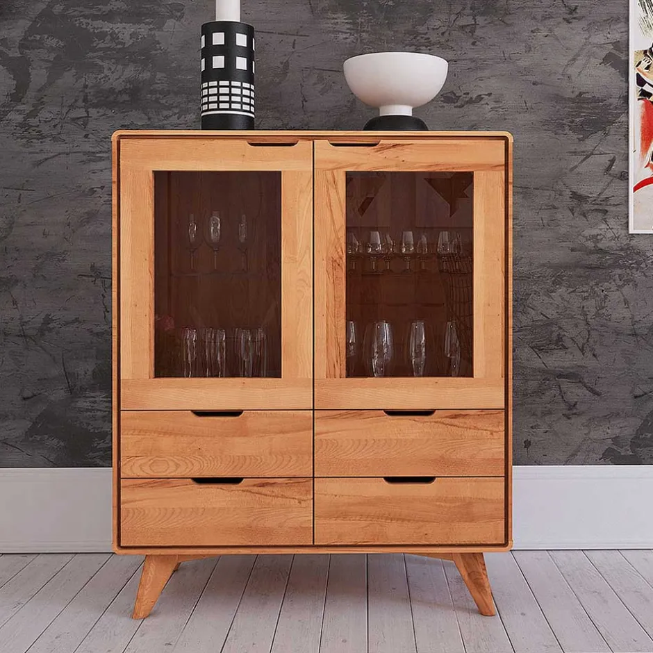 Wohnen 110 cm niedrige Holzvitrine aus Kernbuche - Junola