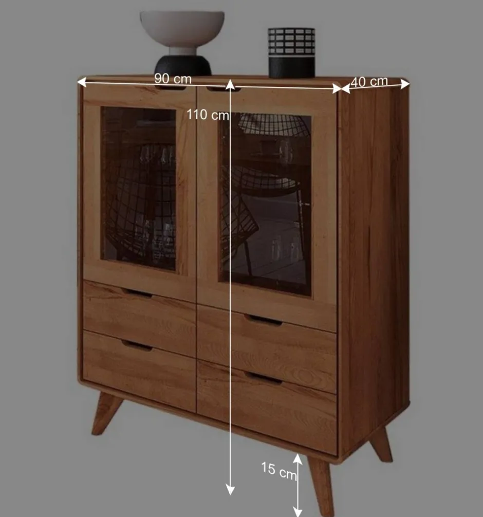 Wohnen 110 cm niedrige Holzvitrine aus Kernbuche - Junola