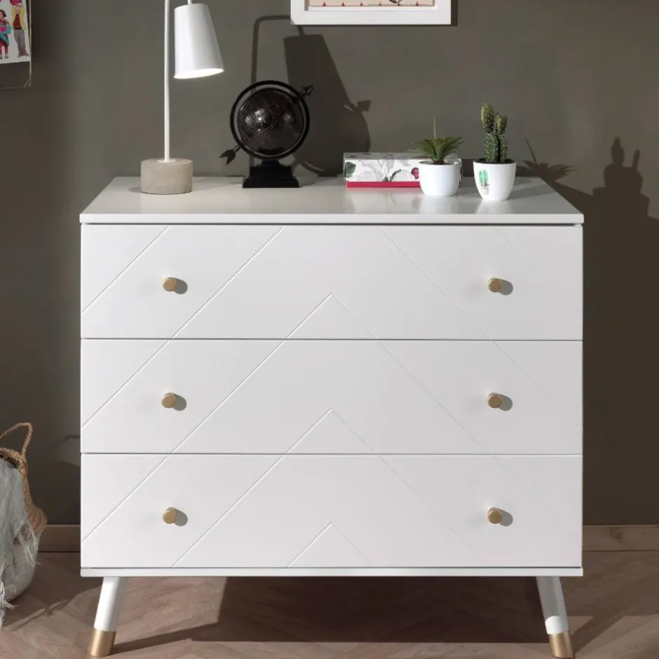 Kinder Wohnen 3 Schubladen Kommode in Weiß & Gold - Zimventa