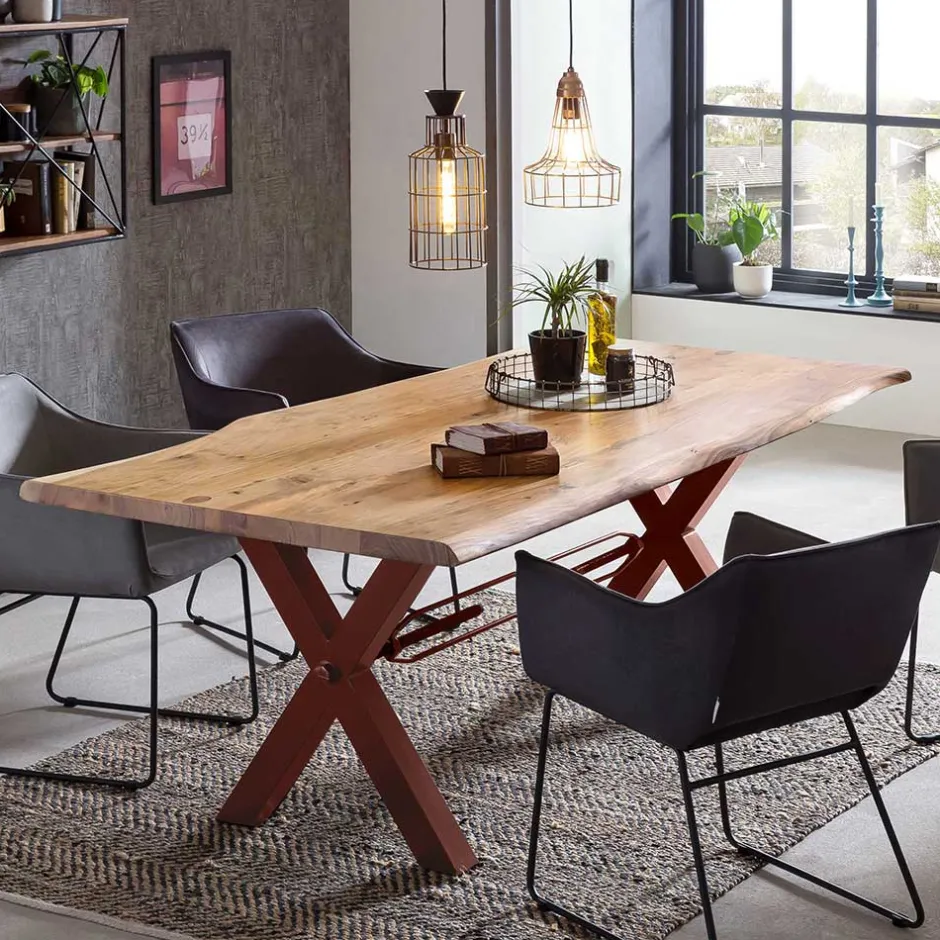 Wohnen Akazie Baumkantentisch mit braunen X-Füßen - Tanja