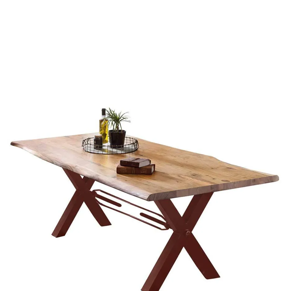Wohnen Akazie Baumkantentisch mit braunen X-Füßen - Tanja