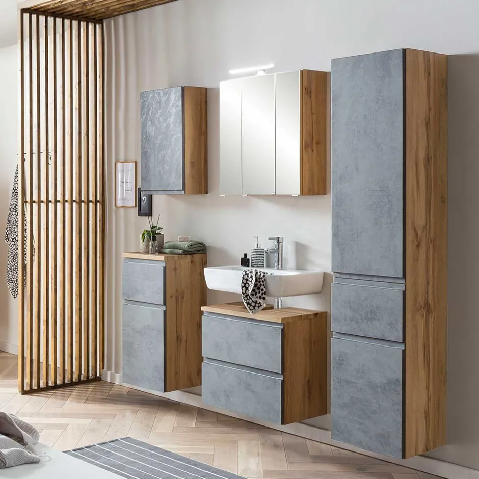 Bad Hochschrank in Beton & Holz Dekor - Mia^Wohnen Online