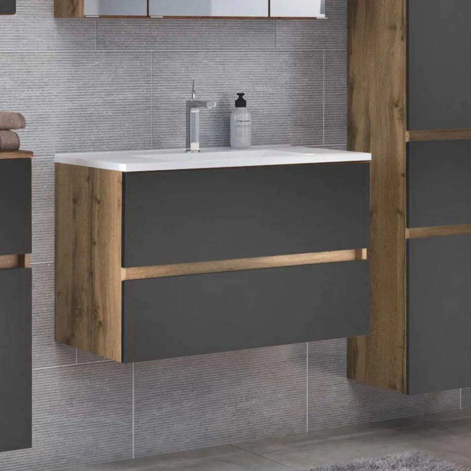 Wohnen Bad Waschtisch mit Becken in Grau & Holz Optik - Athrin