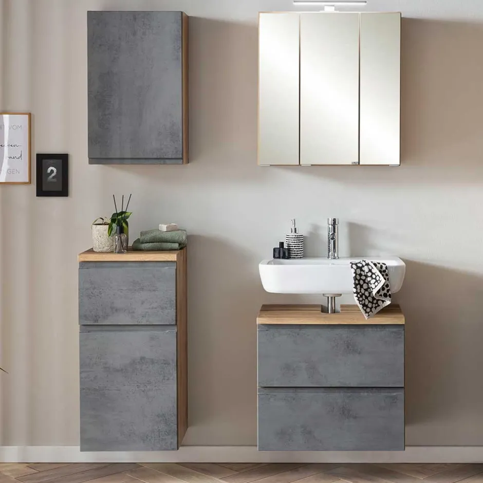 Badeinrichtung Set in Beton Optik - Mia (vierteilig)^Wohnen Discount
