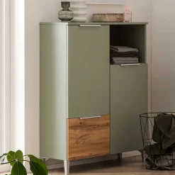 Wohnen Badezimmer Highboard in Graugrün und Eiche - Liz