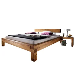 Wohnen Balken-Doppelbett mit Nachttischen im Set Housten aus Wildeiche massiv (dreiteilig)