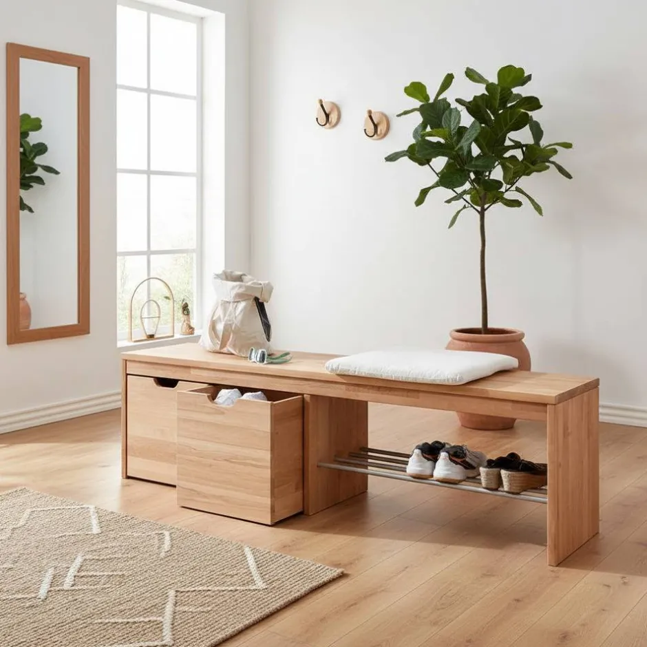 Wohnen Bank mit Schuhablage & Kisten aus Buche - Shimousa