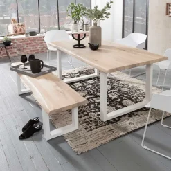 Baumkante Esstisch & Bank in White Wash - Tilveta (zweiteilig)^Wohnen Discount