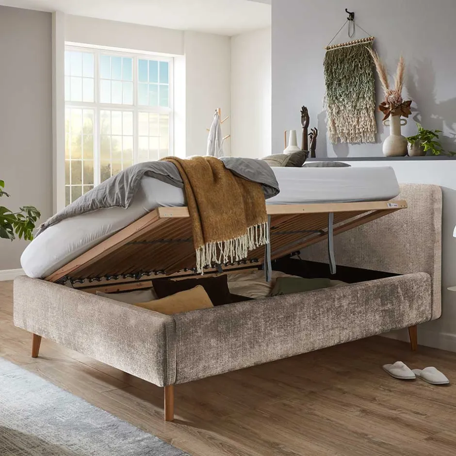 Wohnen Beigefarbenes Polsterbett mit Bezug aus Boucle - Tudan