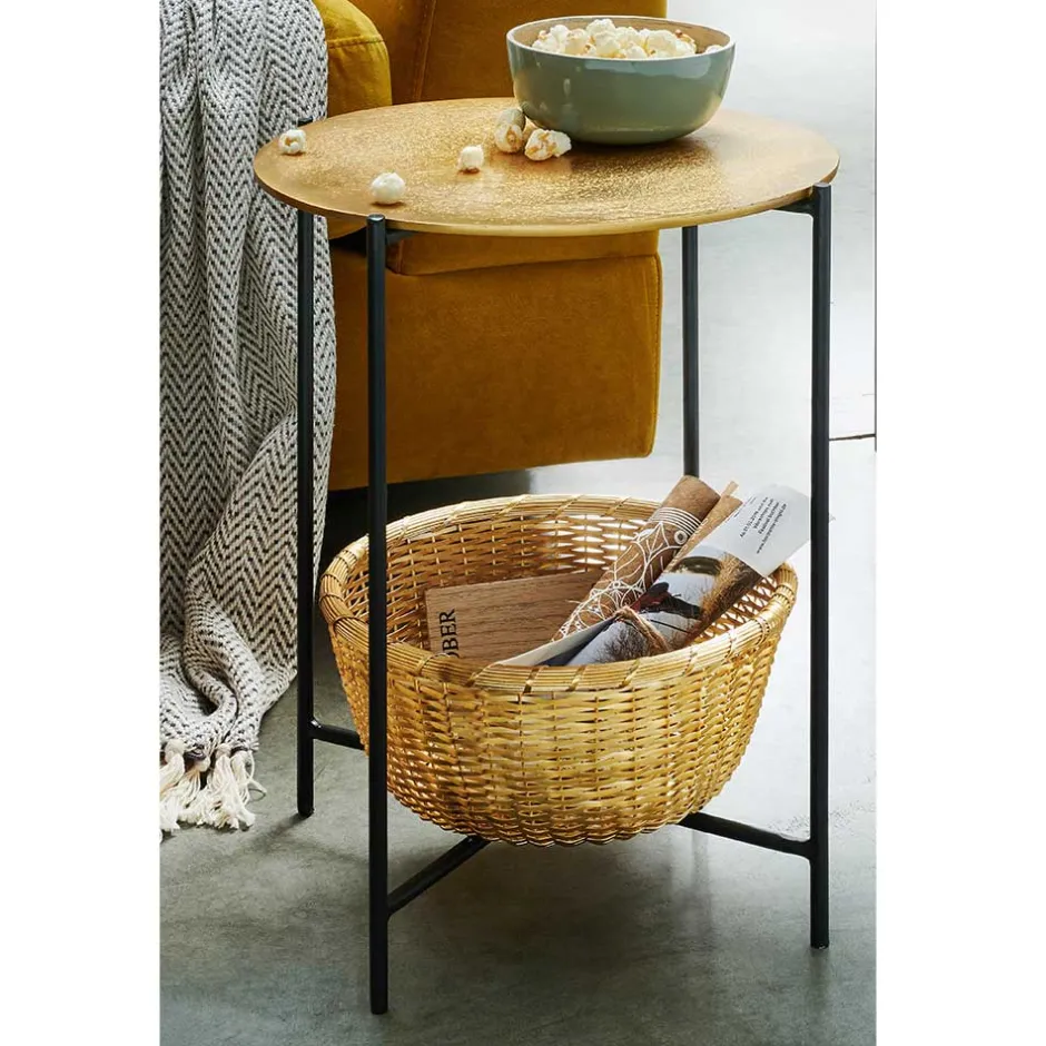 Wohnen Beistelltisch mit Korbablage aus Metall in Gold - Harmone