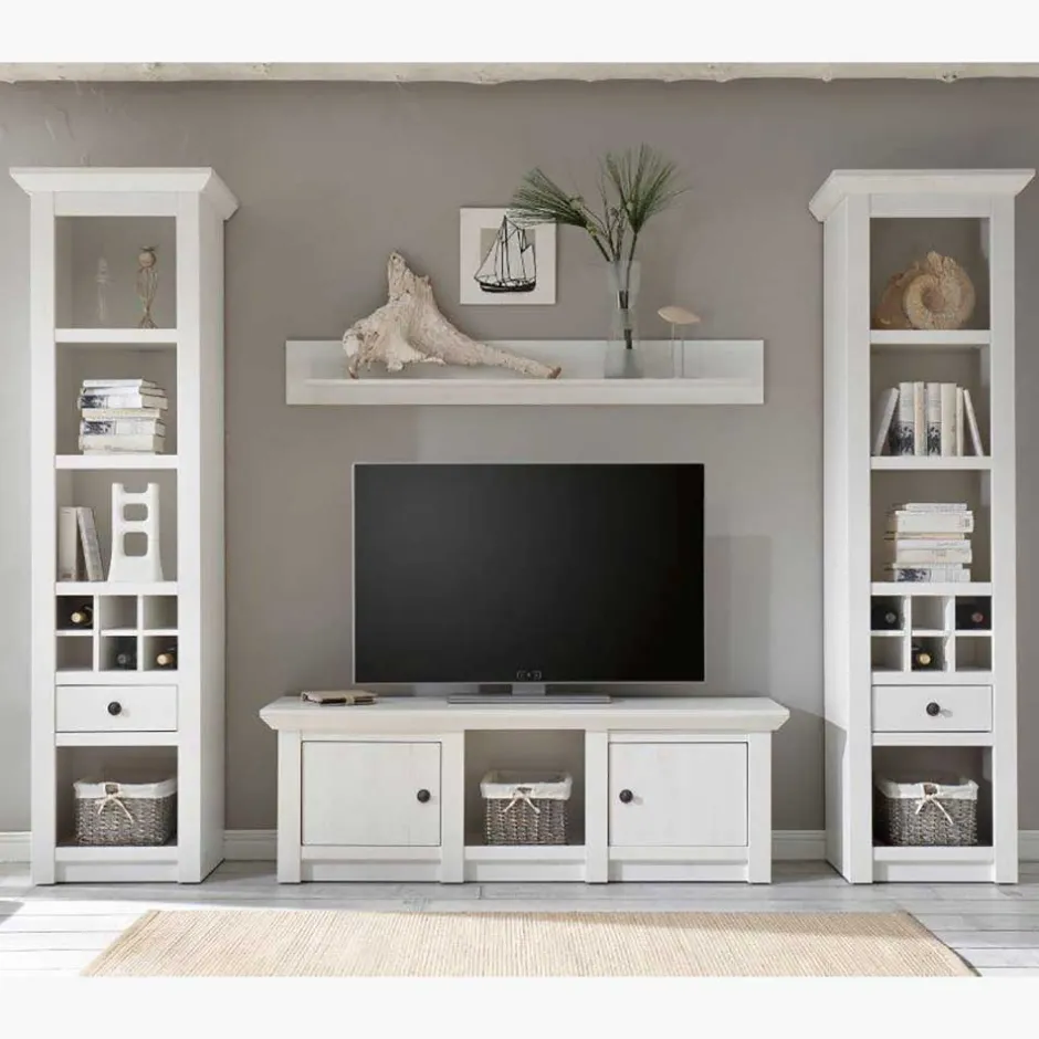 Wohnen Beleuchtete Wohnwand Chelles im weißem Landhausstil (vierteilig)
