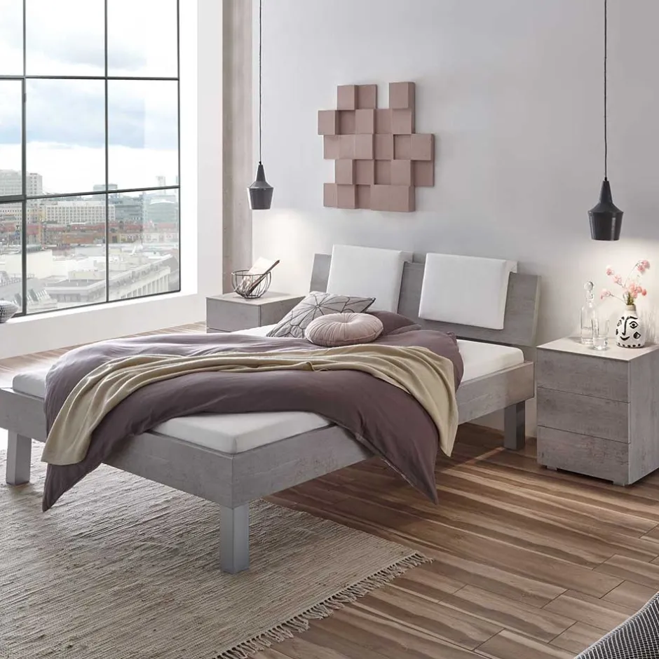 Wohnen Betonoptik Bett & Nachtkommoden - Greyna (dreiteilig)