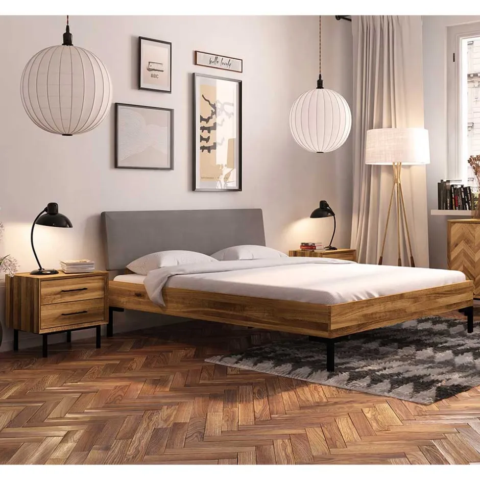 Bett mit Wildeiche Rahmen & Polsterkopfteil in Grau - Kerfa^Wohnen Discount