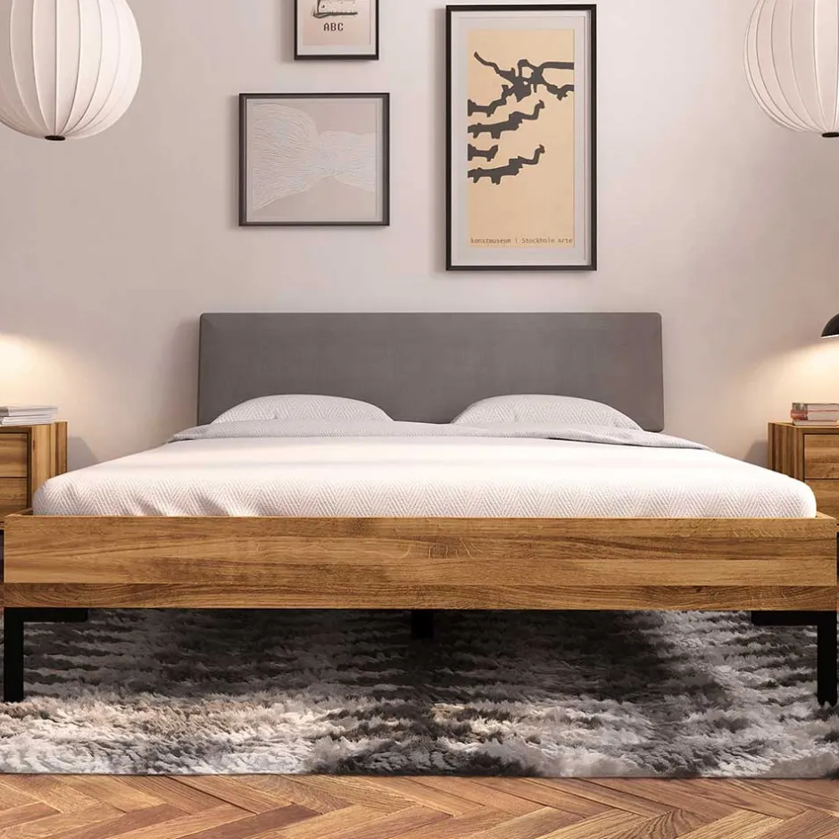 Bett mit Wildeiche Rahmen & Polsterkopfteil in Grau - Kerfa^Wohnen Discount