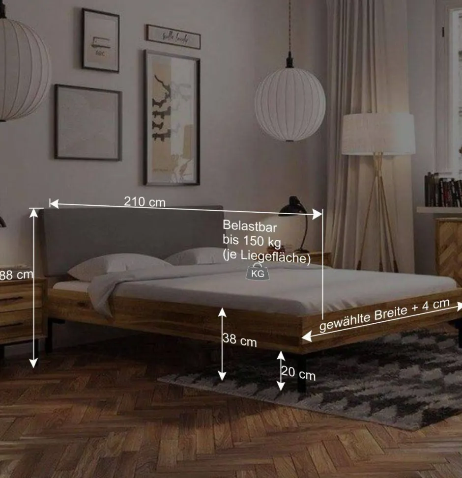 Bett mit Wildeiche Rahmen & Polsterkopfteil in Grau - Kerfa^Wohnen Discount