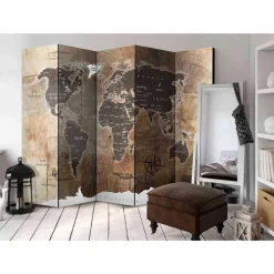 Wohnen Brauner Design-Paravent Motiv Weltkarte - Lexiago