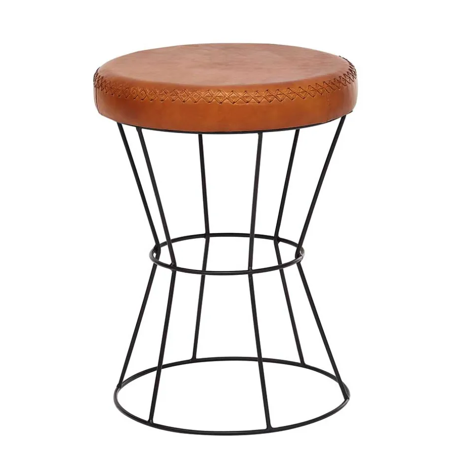 Wohnen Brauner Lederhocker mit rundem Sitz - Cintago