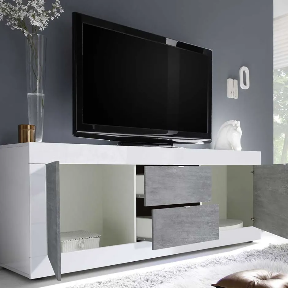 Breites TV Board in Weiß HG & Betonoptik - Narandu^Wohnen Discount