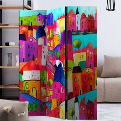 Wohnen Bunt bedruckter Paravent mit Stadt Häusern Bäumen - Villa