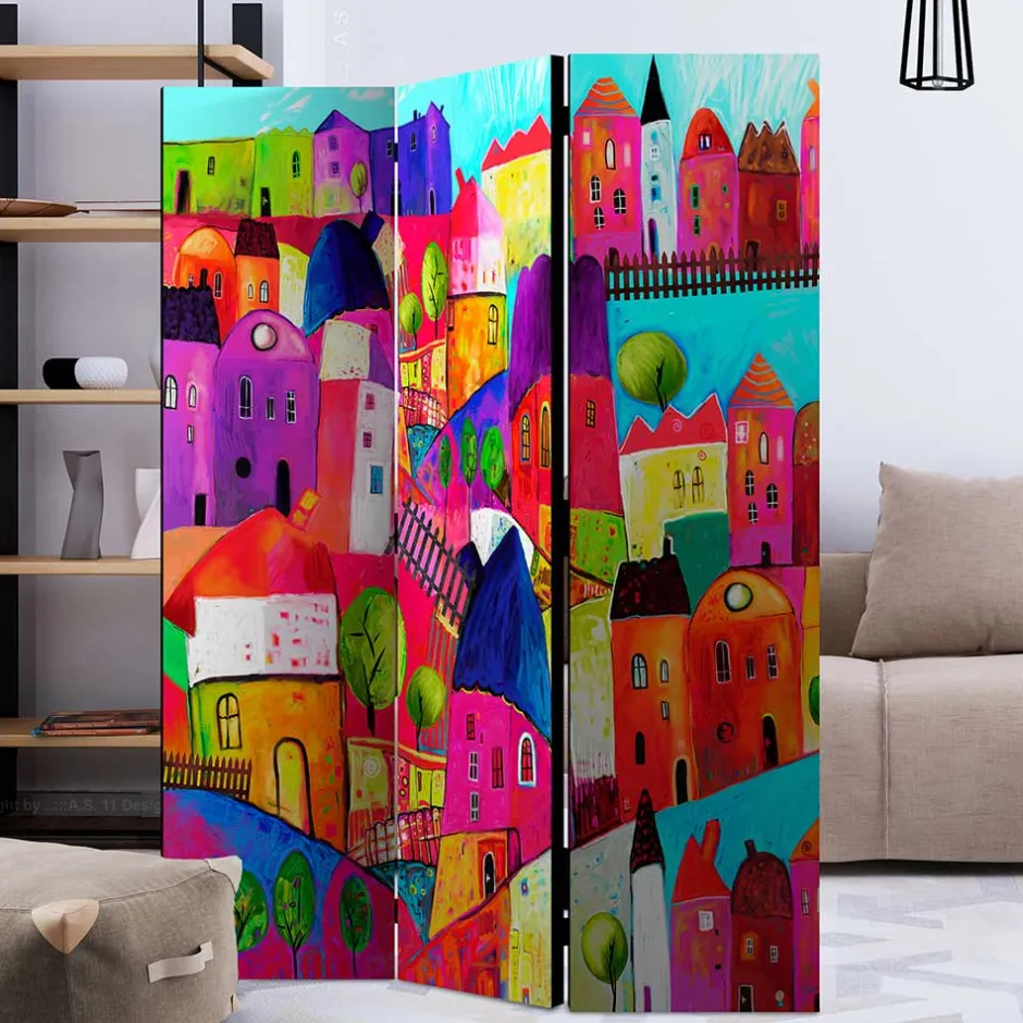 Wohnen Bunt bedruckter Paravent mit Stadt Häusern Bäumen - Villa