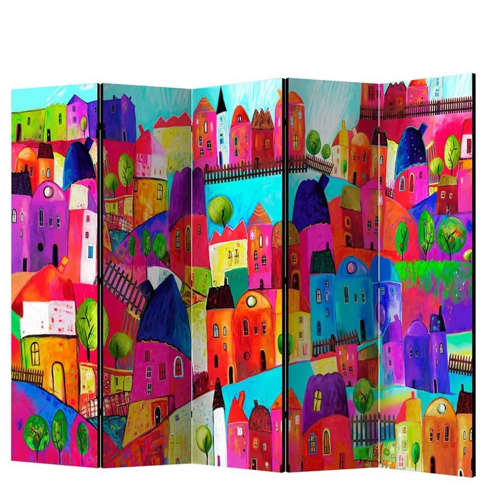 Wohnen Bunt bedruckter Paravent mit Stadt Häusern Bäumen - Villa