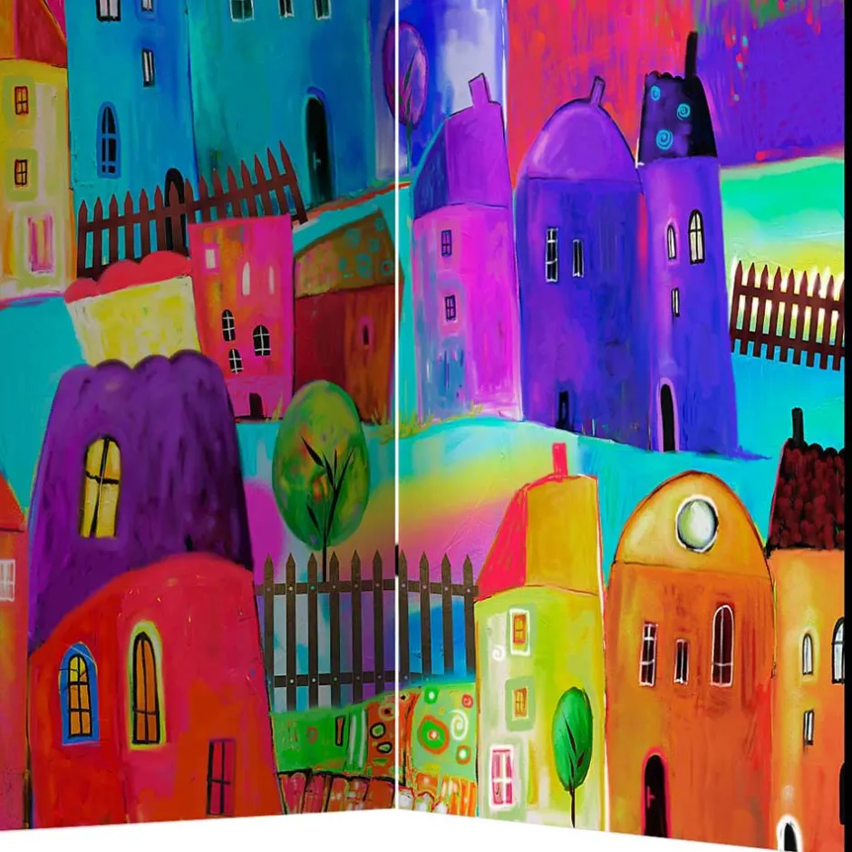 Wohnen Bunt bedruckter Paravent mit Stadt Häusern Bäumen - Villa