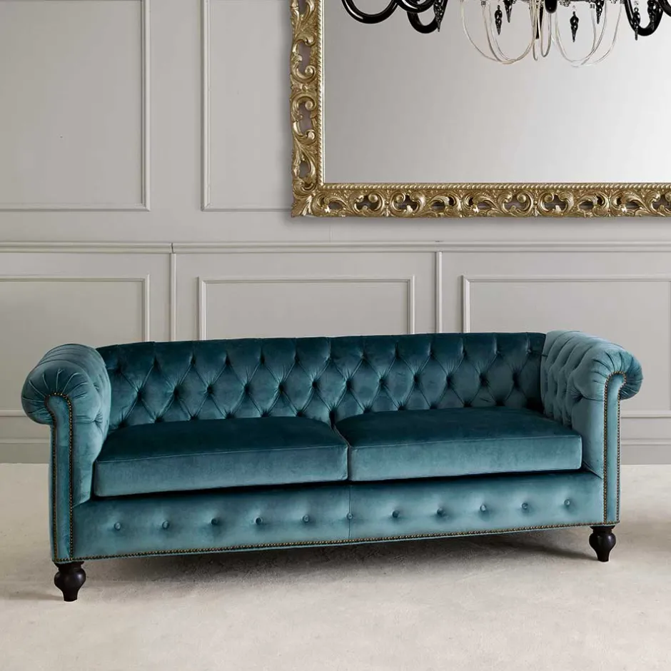 Wohnen Chesterfield Sofa aus Samt in Petrol - Maduera