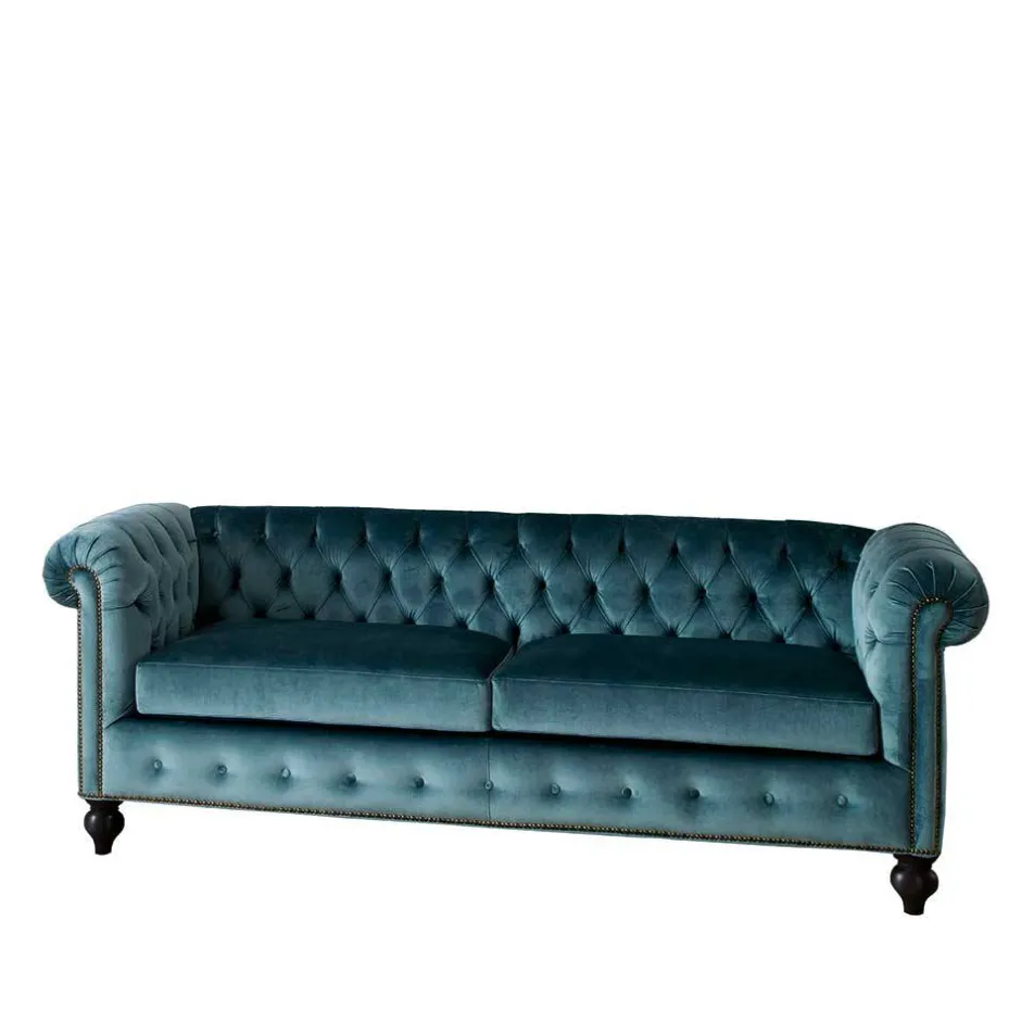 Wohnen Chesterfield Sofa aus Samt in Petrol - Maduera
