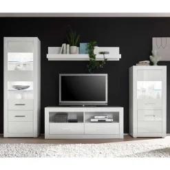 280cm breite Schrankwand in Weiß Hochglanz Yulis optional mit LED (vierteilig)^Wohnen