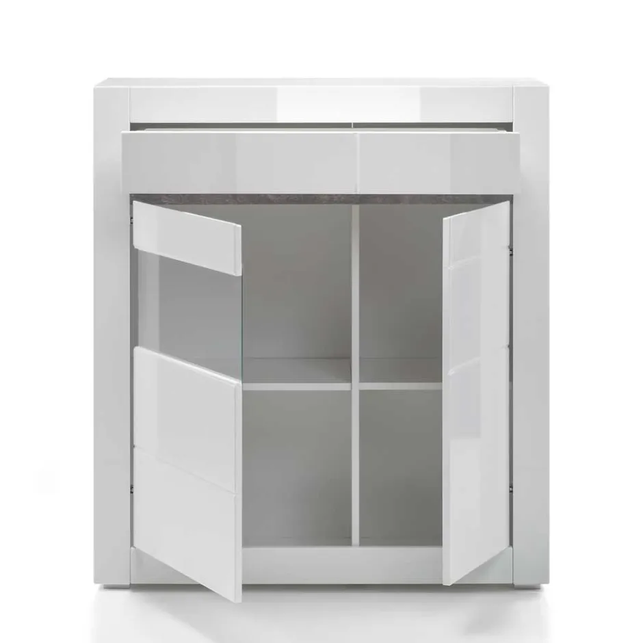 100cm breite Vitrine in Weiß Hochglanz Mextra mit Beton Dekor abgesetzt^Wohnen New