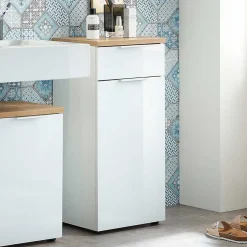 Wohnen 86cm hoher Bad Schrank in Weiß & Eiche - Etosia I