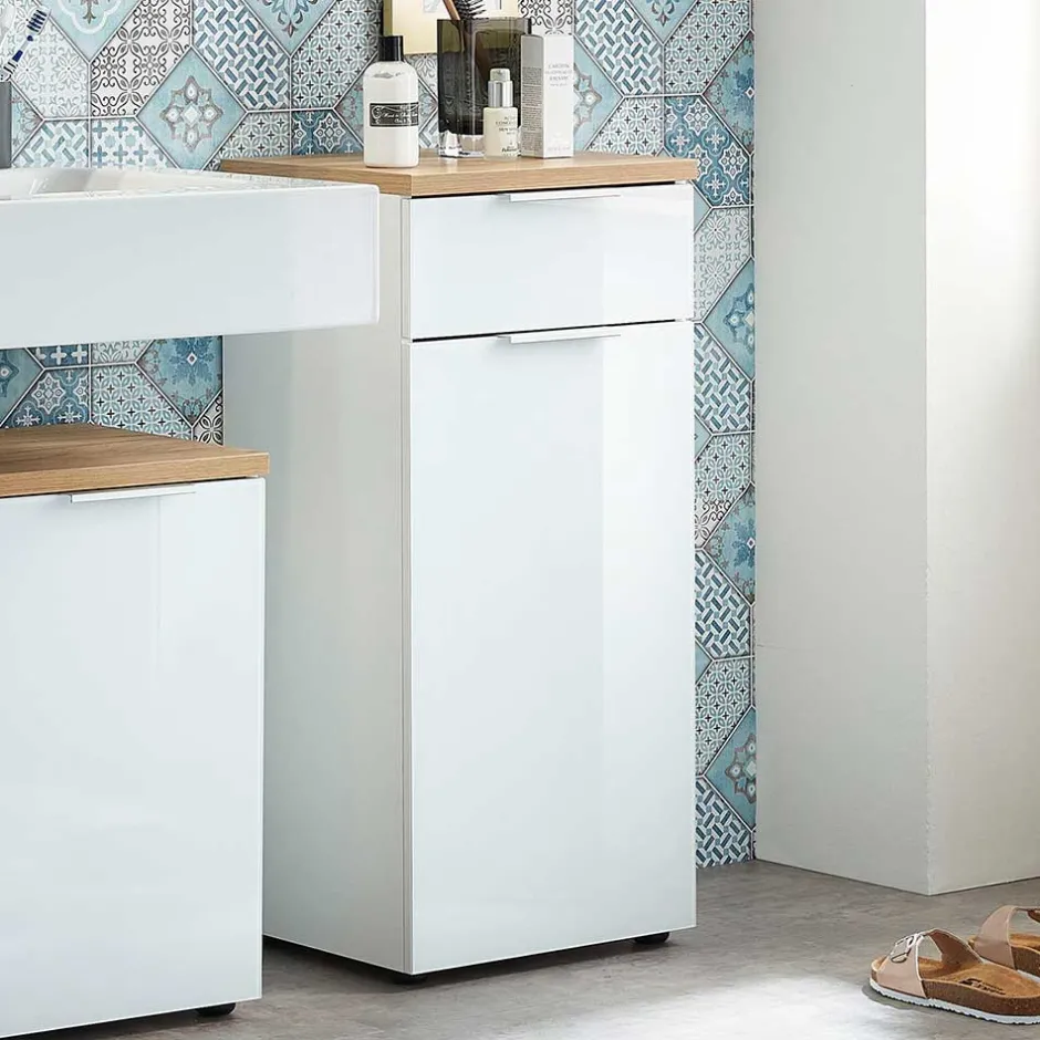 Wohnen 86cm hoher Bad Schrank in Weiß & Eiche - Etosia I