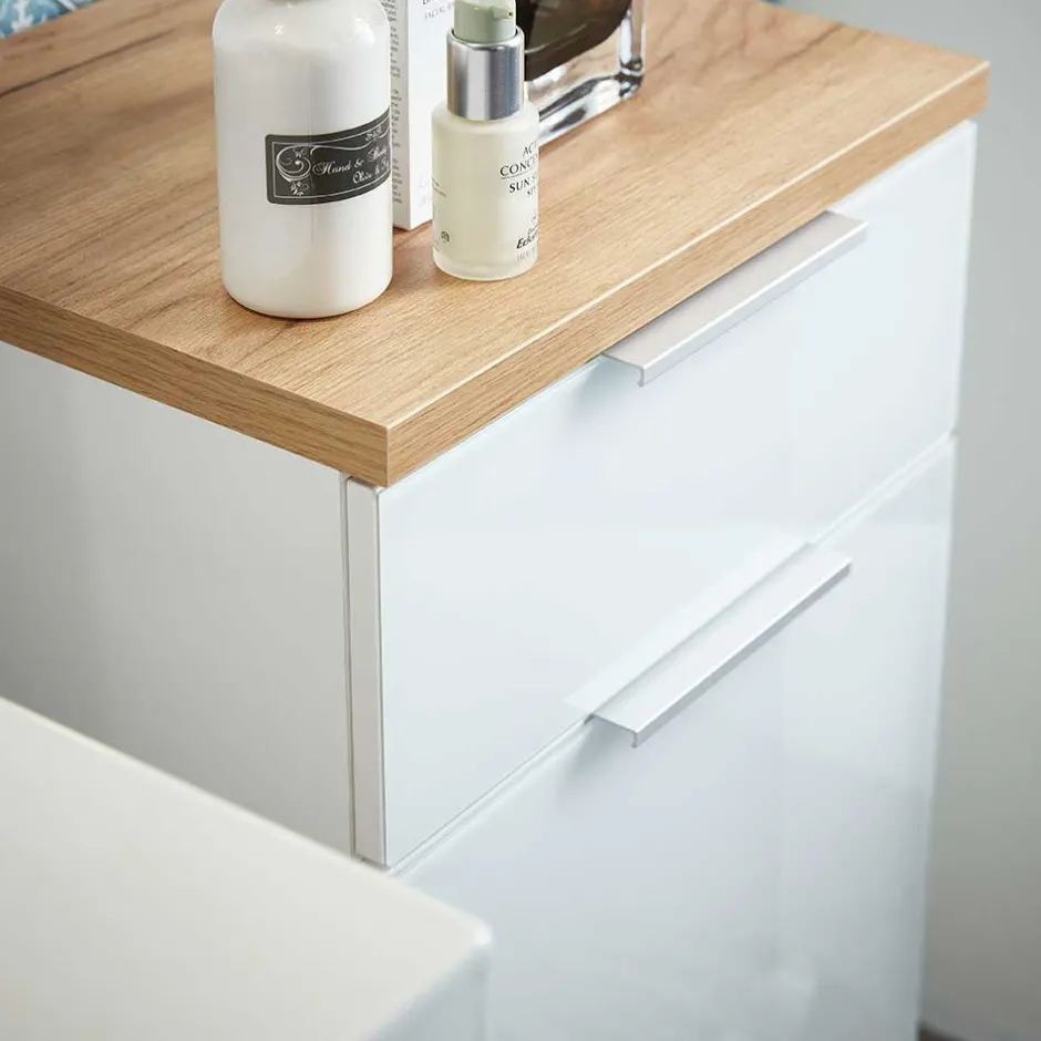 Wohnen 86cm hoher Bad Schrank in Weiß & Eiche - Etosia I