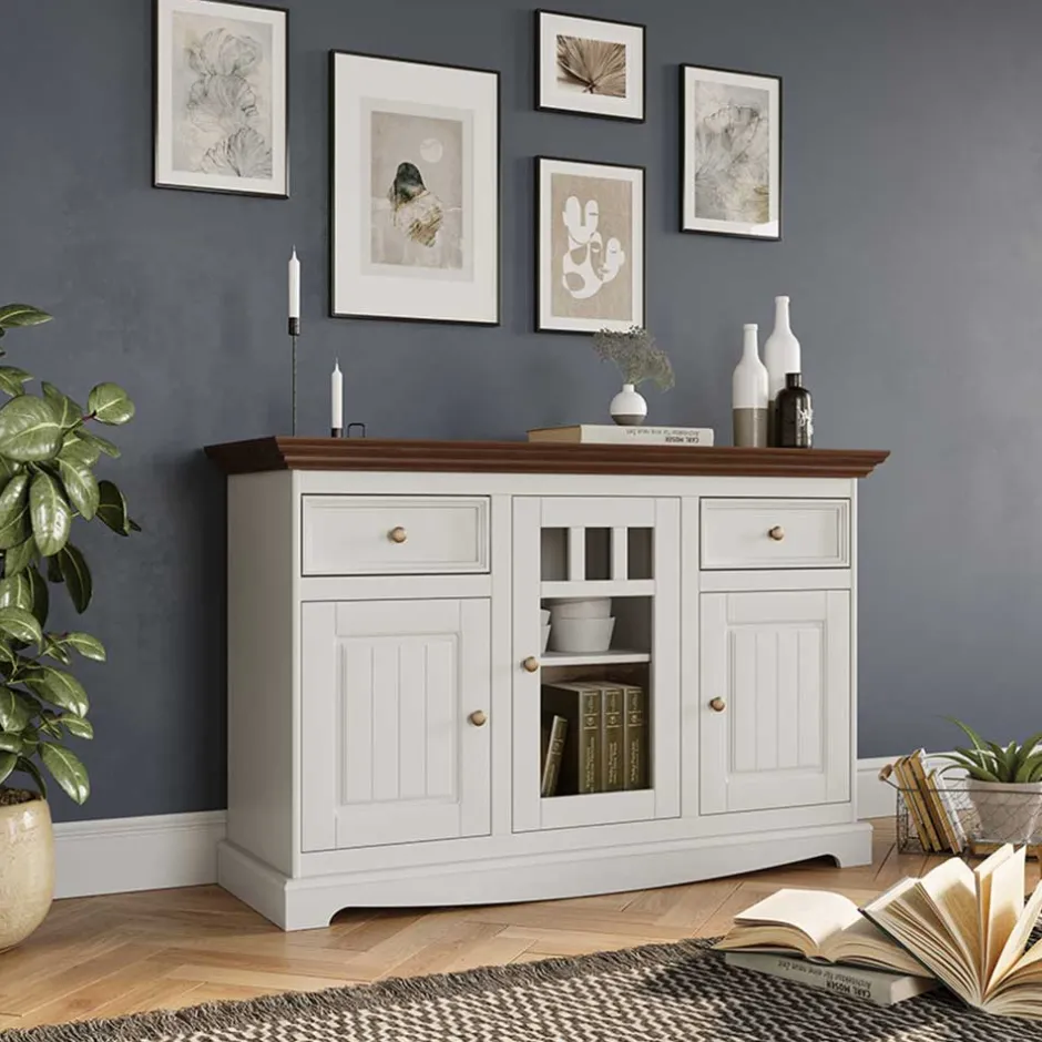 Wohnen 130cm Landhauskommode mit Glaseinsatz - Manipur