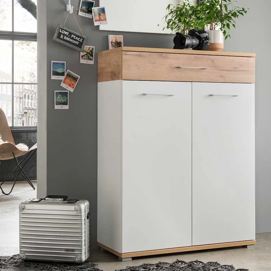 Wohnen 89cm Schuh-Kommode in Weiß & Eiche - Vicanossa