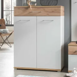 Wohnen 89cm Schuh-Kommode in Weiß & Eiche - Vicanossa