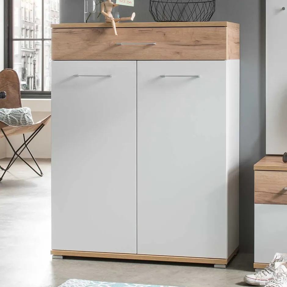 Wohnen 89cm Schuh-Kommode in Weiß & Eiche - Vicanossa