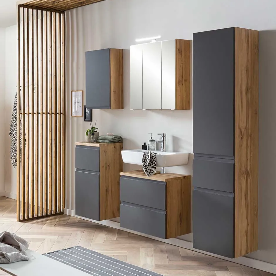 60cm Unterbeckenschrank in Grau & Wildeiche - Jambi^Wohnen Discount