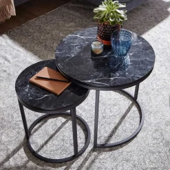 Wohnen Couchtisch Set in Marmoroptik Schwarz - Melks (zweiteilig)