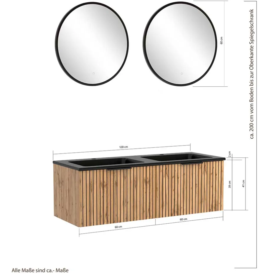 Wohnen Design Doppelwaschtisch mit Lichtspiegeln - Crystoga (dreiteilig)