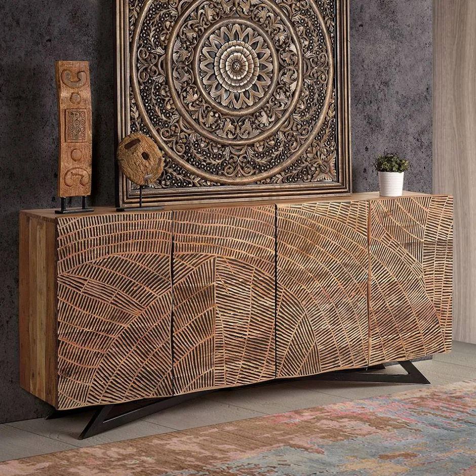 Design Sideboard aus Akazienholz mit Schnitzerei - Merlan^Wohnen Outlet
