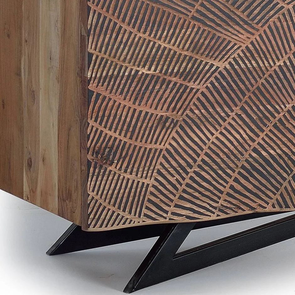 Design Sideboard aus Akazienholz mit Schnitzerei - Merlan^Wohnen Outlet
