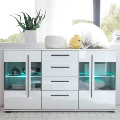 Design Sideboard Nennja in Weiß Hochglanz Glas^Wohnen Discount