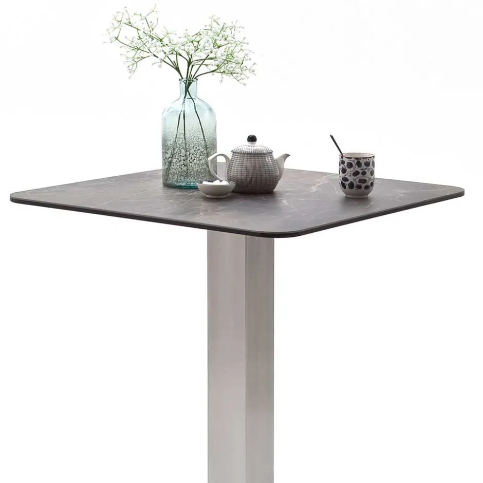 Wohnen Design Stehtisch mit Glas Keramik in Braun Langton & Edelstahl Säulengestell